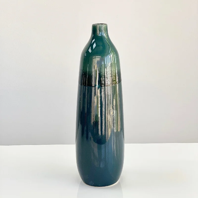 Minimalist black vase for mantle-Blended Teal Ceramic Tall Bottle