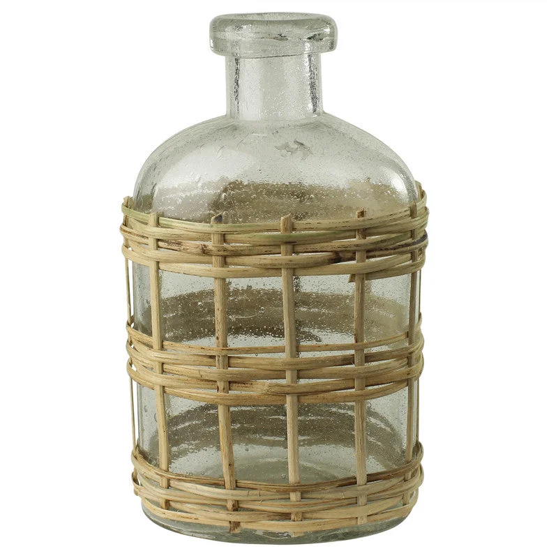 Colorful glass vase for bold style-Cairo Bottle, Glass & Rattan - Small