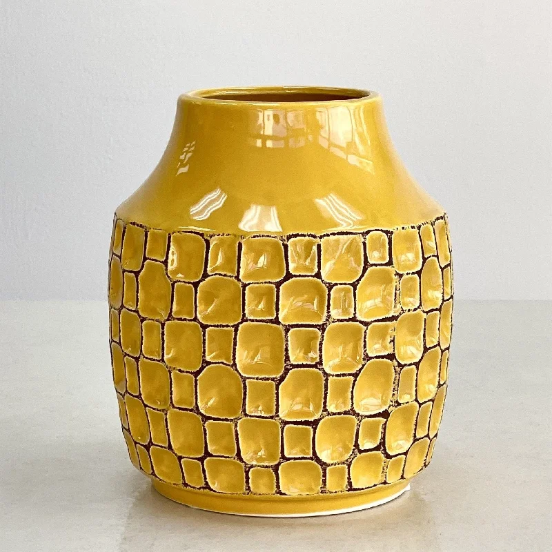 Contemporary marble decorative vase for class-Ceramic Round Yellow Mustard Vase