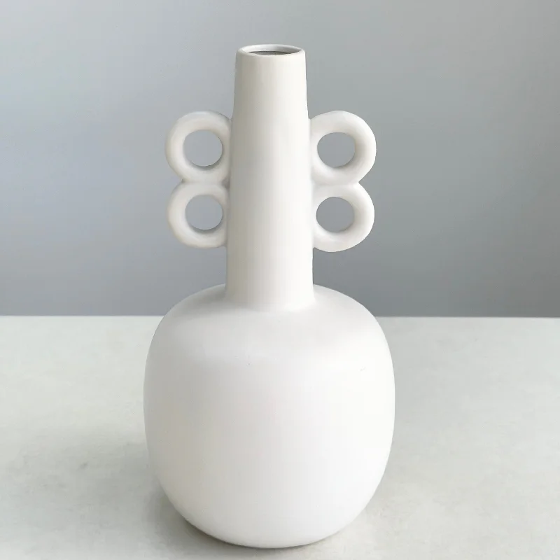 Rustic clay abstract vase for natural-Ceramic White Vase Double Side Ring Handles