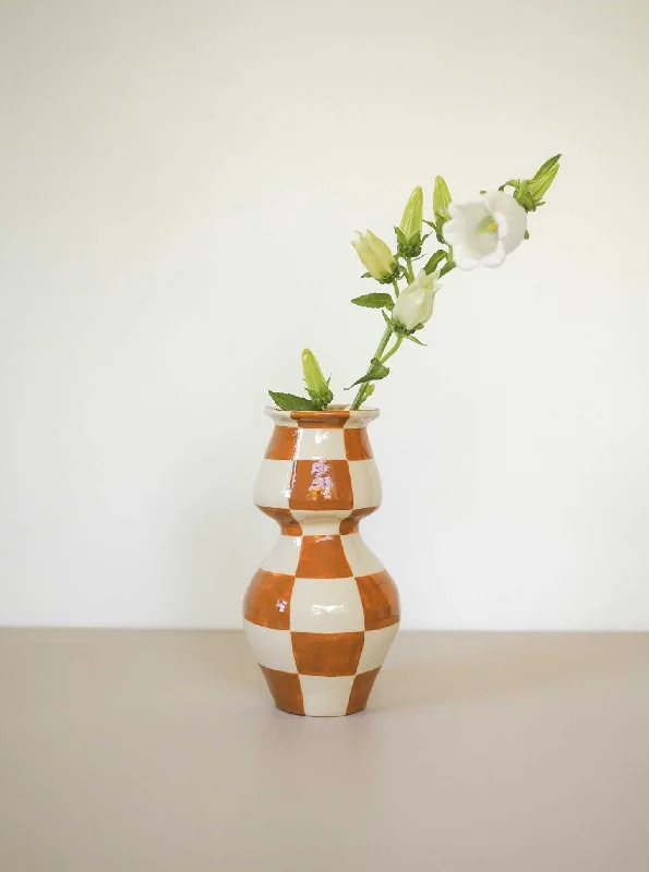 Rustic pottery vase for earthy tones-Caramel Check Vase