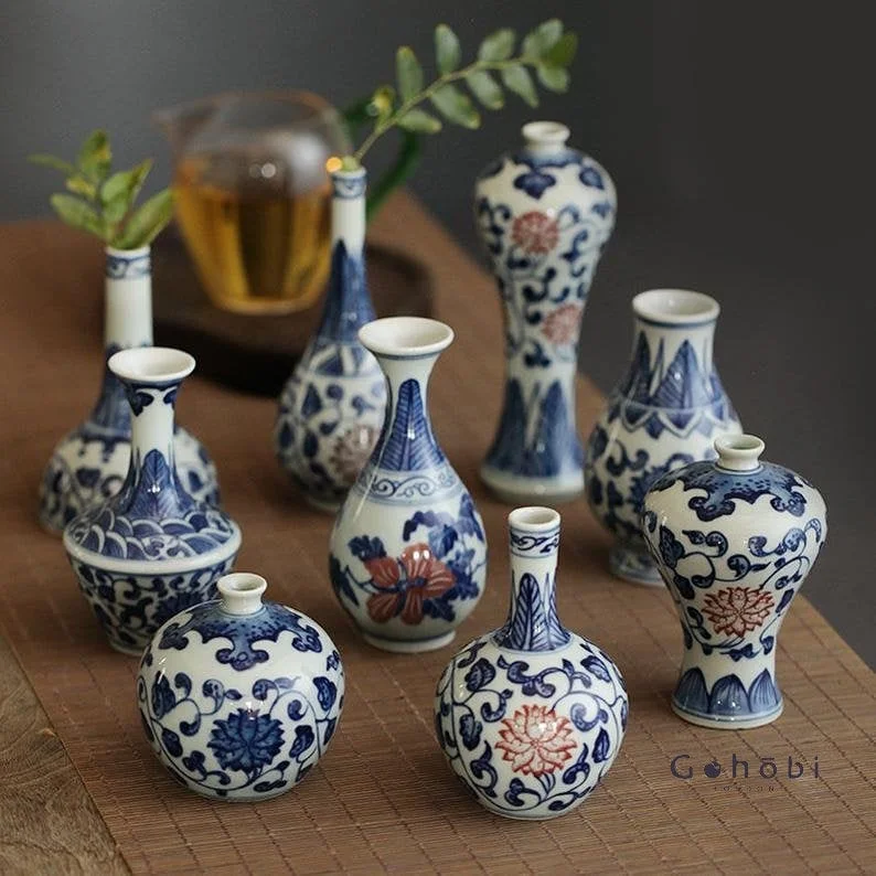 Rustic wooden abstract flower vase for style-Gohobi Hand-painted Blue and White Porcelain Vase