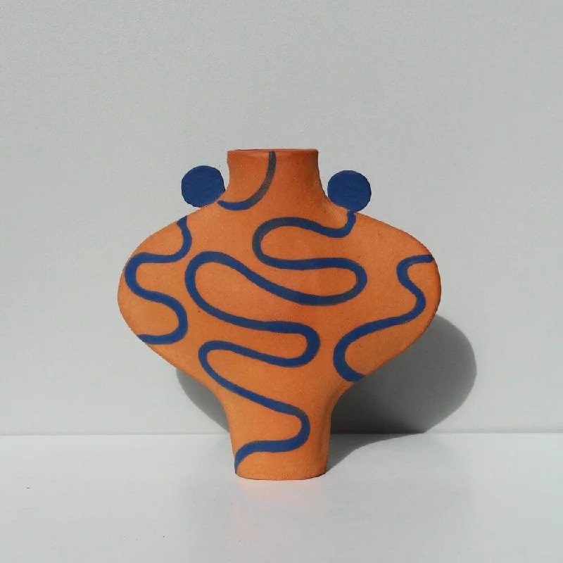 Tall ceramic flower vase for elegance-Hand Drawn Vessel In Terracotta And Blue.