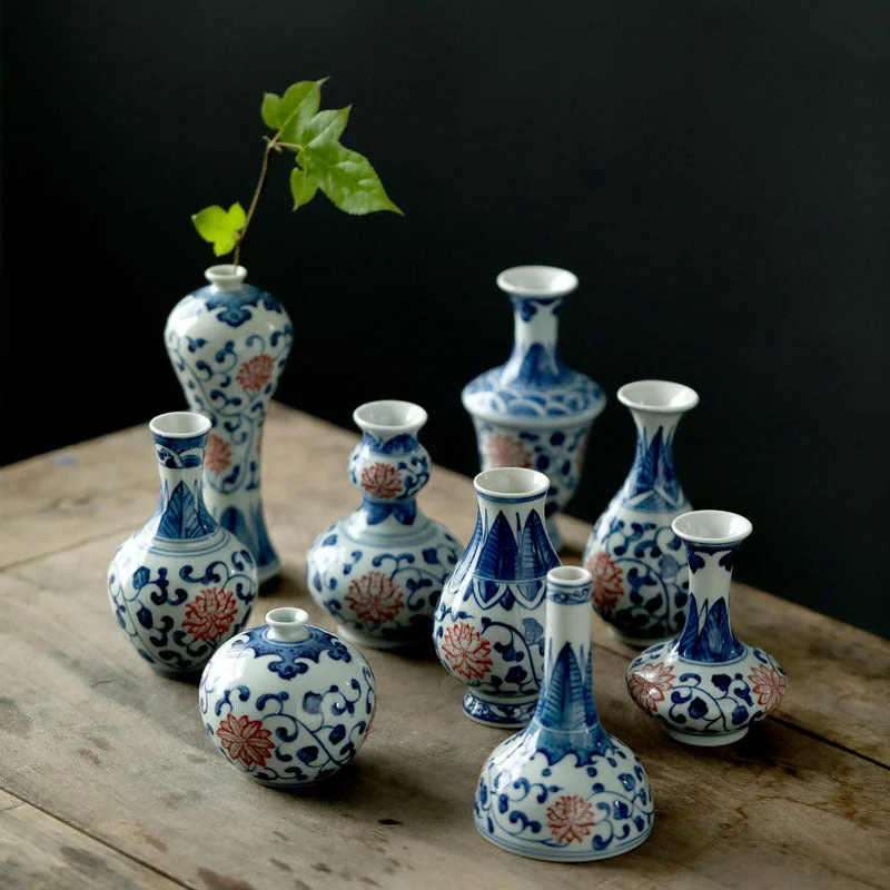 Small luxury marble vase for detail-Gohobi Hand-painted Blue and White Porcelain Vase (Red Flowers)