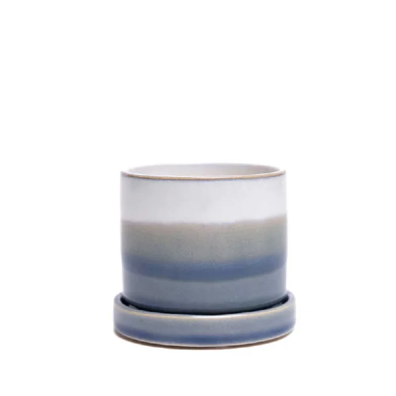 Minimalist white flower vase for purity-Minute Ceramic 3" Blue Layers Pot And Saucer Set With Drainage