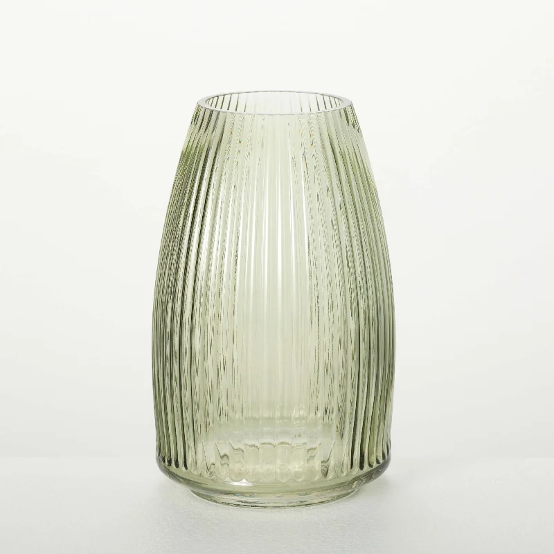 Handmade glass decorative vase for craft-Ribbed Green Glass Vase