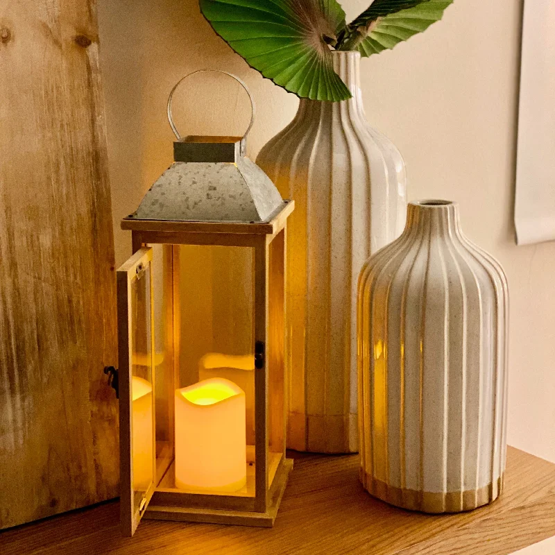 Rustic wooden tall vase for height-Small Ocre Wooden & Metallic Lantern