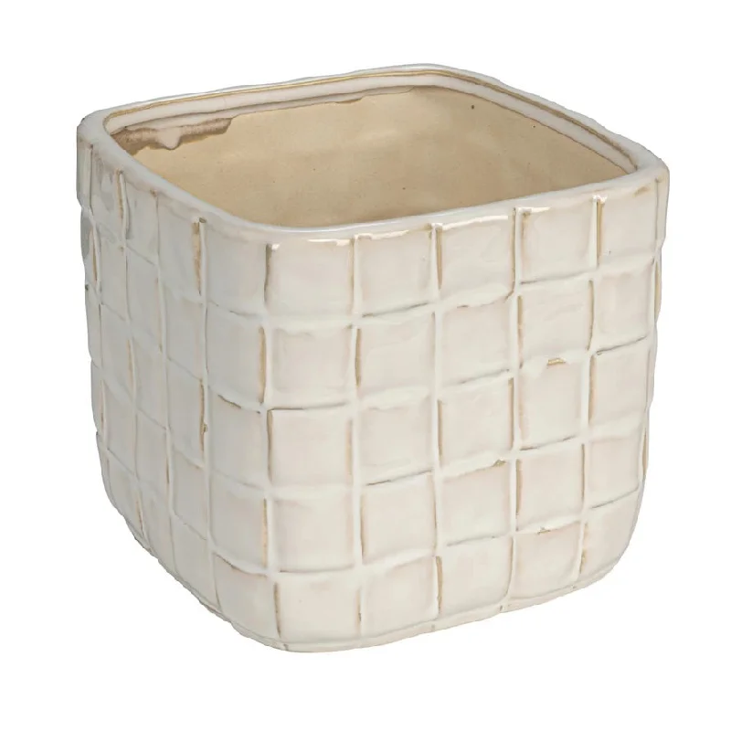 Large ceramic vase for statement piece-SQUARE PLANTER WITH DEBOSSED WOVEN PATTERN