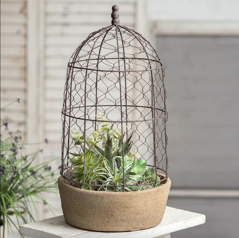 Small bud vase for dining table-Tall Chicken Wire Cloche w/Terra Cotta Pot