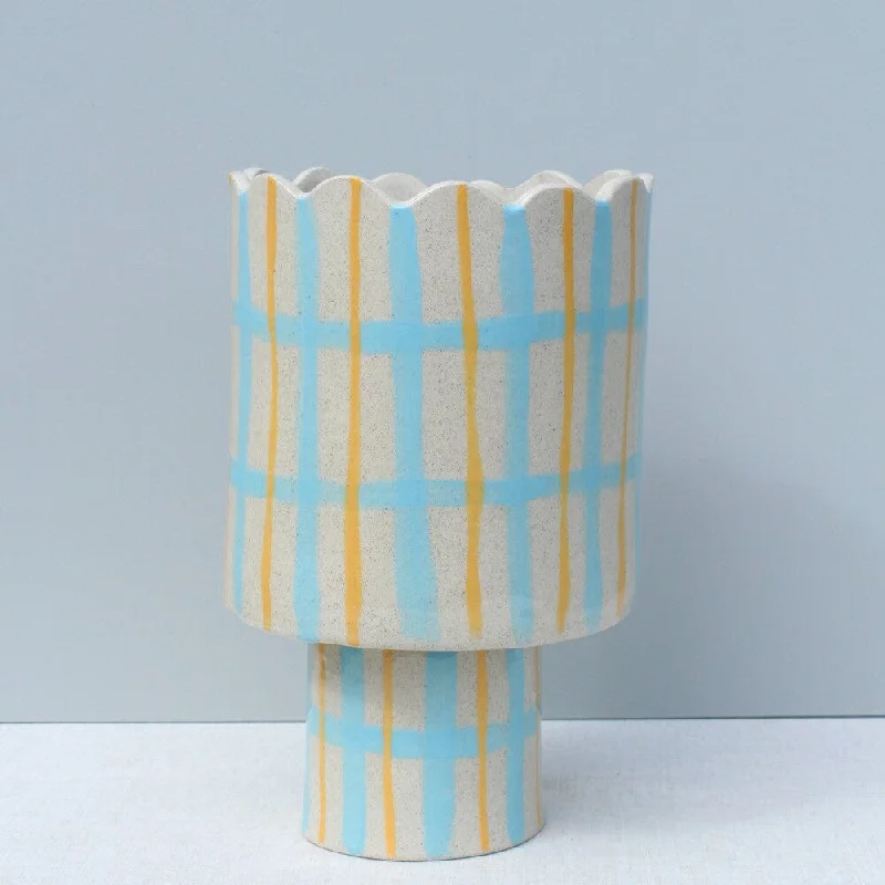 Small modern ceramic vase for subtlety-Tartan Scalloped Vessel In Blue And Mustard