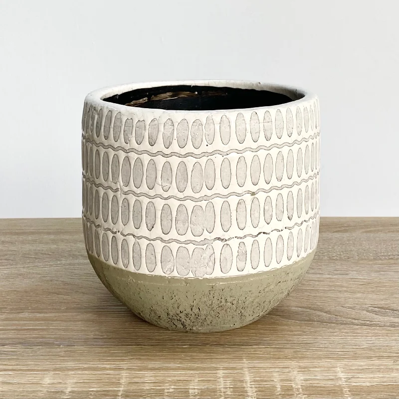 Rustic clay vase for natural beauty-Terra Round Indigo White Pot