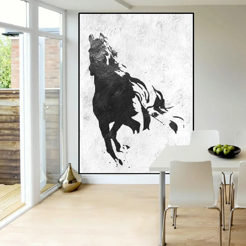 Nature themed animal canvas wall art for wild-Abstract Horse Painting Black and White Handmade Original Painting Fp019