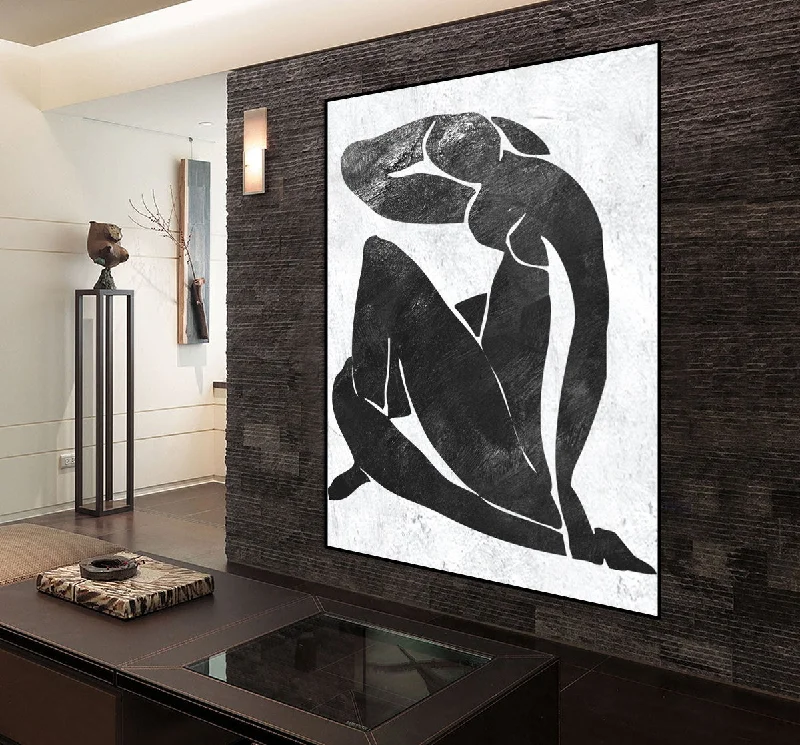 Rustic farmhouse animal canvas wall art for warmth-Abstract Nude Painting on Canvas Black and White Handmade Fp005