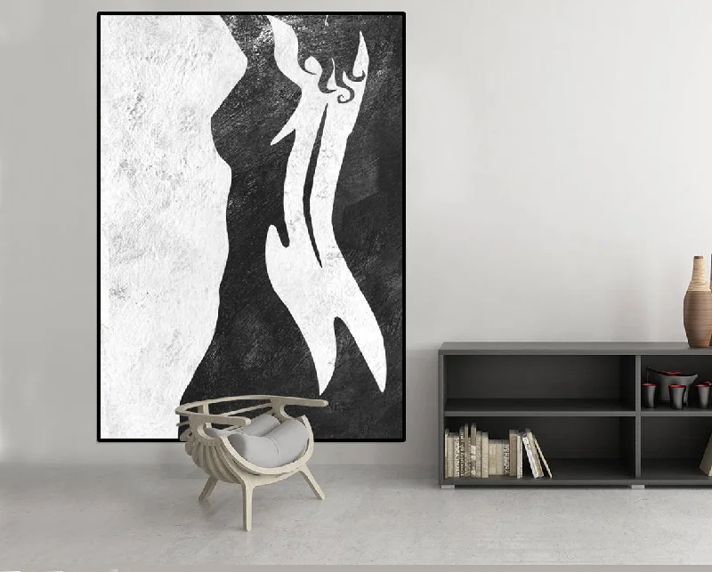 Minimalist black animal canvas wall art for simplicity-Abstract Nude Woman Painting Black and White Wall Decor Fp004