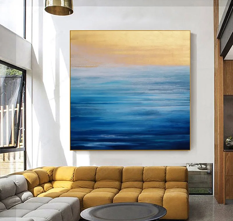 Large abstract wall art for open space-Beach Sunset Painting Blue Abstract Painting on Canvas Op035