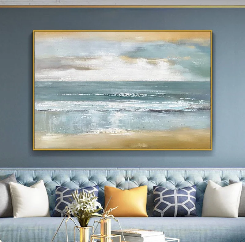 Handmade landscape floral wall art for craft-Beach Sunset Painting Coastal Painting Ocean Art Blue Sea Abstract Op079