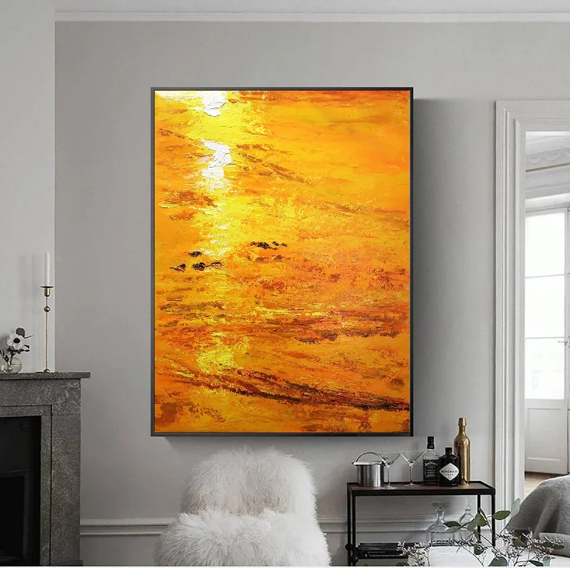 Contemporary geometric wall art for home-Beach Sunset Painting Orange Abstract Landscape Op053