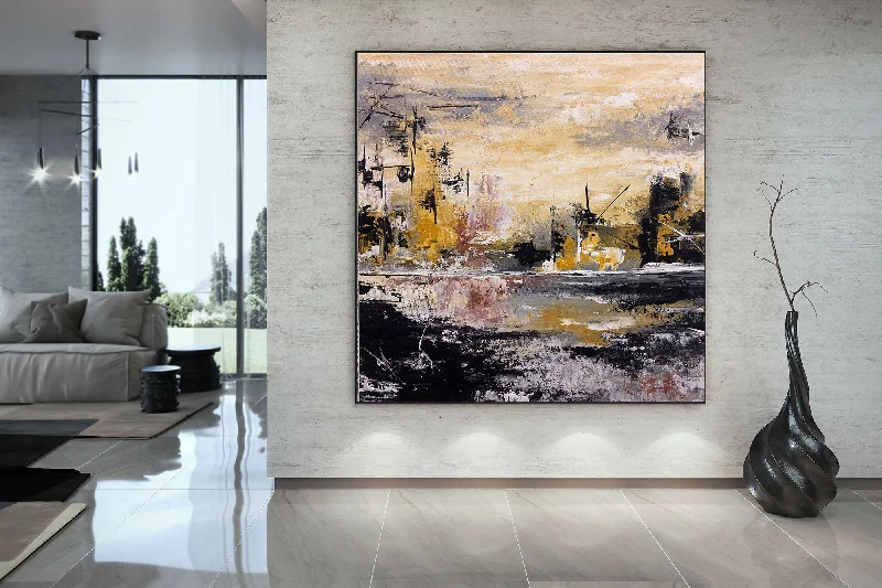 Large abstract geometric wall art for impact-Beige Yellow Brown Palette Knife Artwork Original Painting Fp056