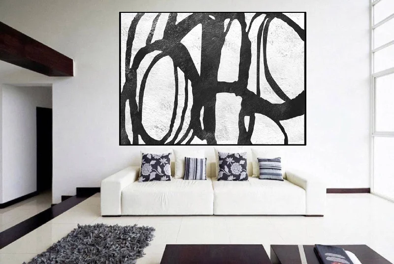 Boho macrame abstract canvas wall art for texture-Black and White Abstract Art Huge Artwork Fp016