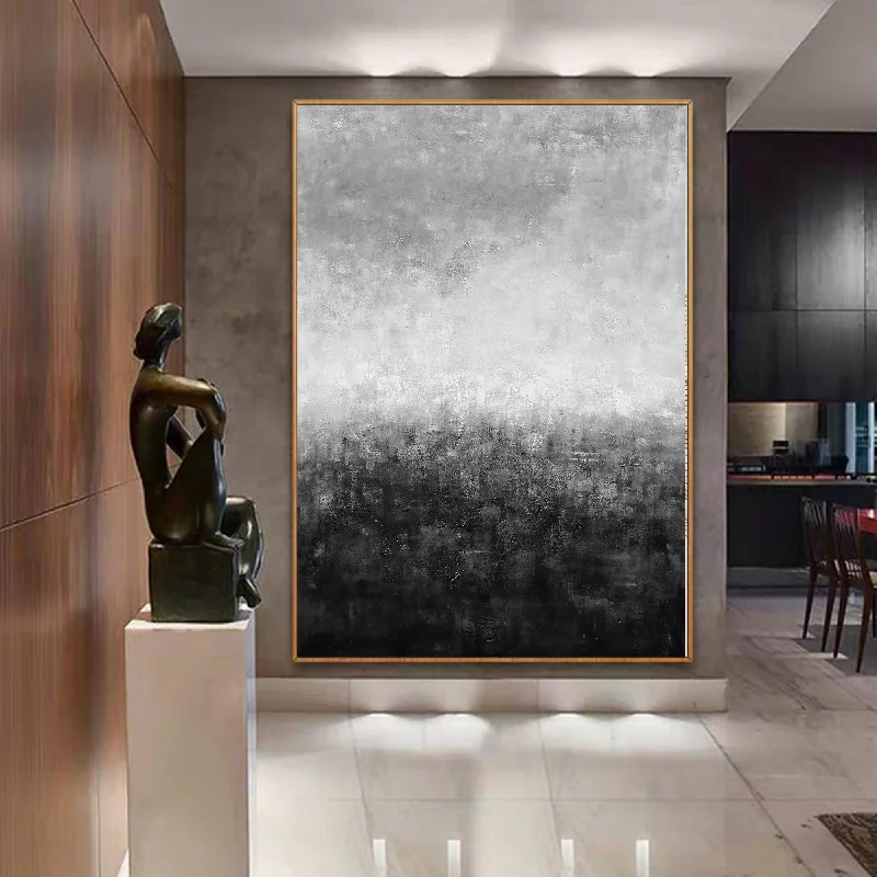 Vintage floral wall art for farmhouse-Black and White Abstract Painting Gray Huge Wall Art Yp12