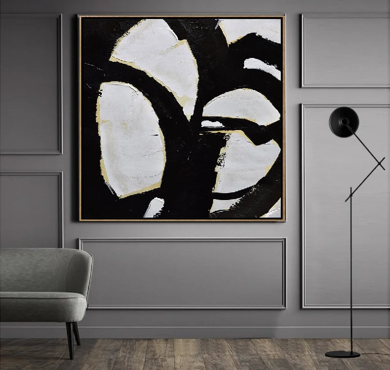 Luxury gold abstract canvas wall art for shine-Black and White Abstract Painting Minimalist Art Yp075