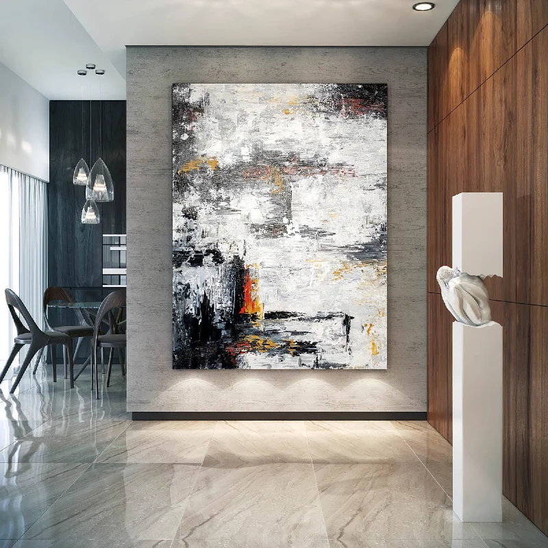 Contemporary geometric canvas wall art for edge-Black And White Abstract Painting Red Yellow Painting for Home Fp081