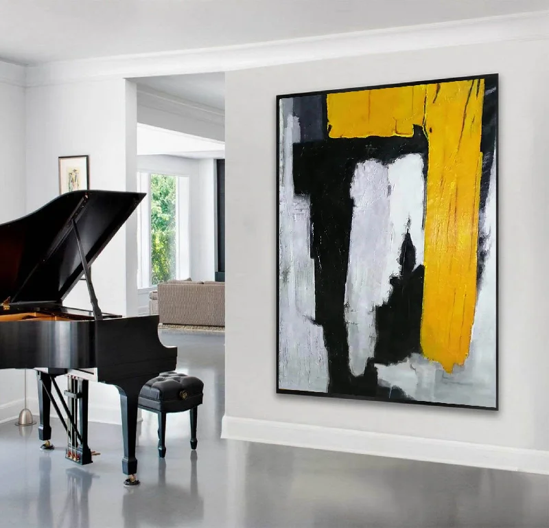 Rustic farmhouse abstract wall art for charm-Black And White Abstract Paintings on Canvas Yellow Painting CP027