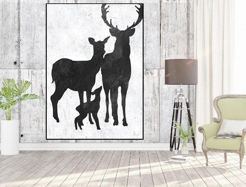 Nature inspired floral abstract wall art for calm-Black and White Deer Family Original Abstract Painting Fp015