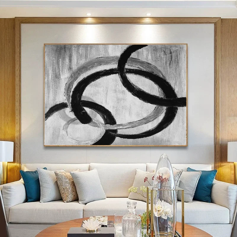 Modern black geometric wall art for edge-Black And White Gray Abstract Painting Oversized Office Painting Yp059