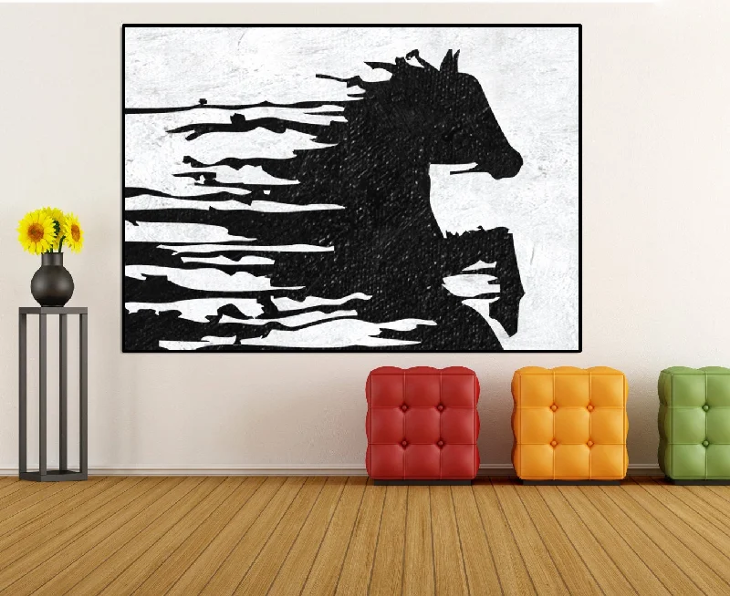 Hand-painted landscape abstract wall art for art-Black and White Horse Painting Canvas Wall Art Fp022