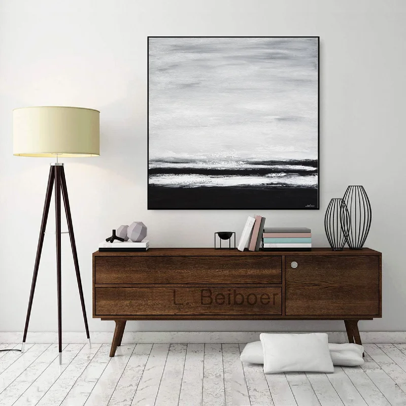 Small rustic geometric wall art for cozy-Black and White Landscape Painting Minimalist Modern Artwork Fp006