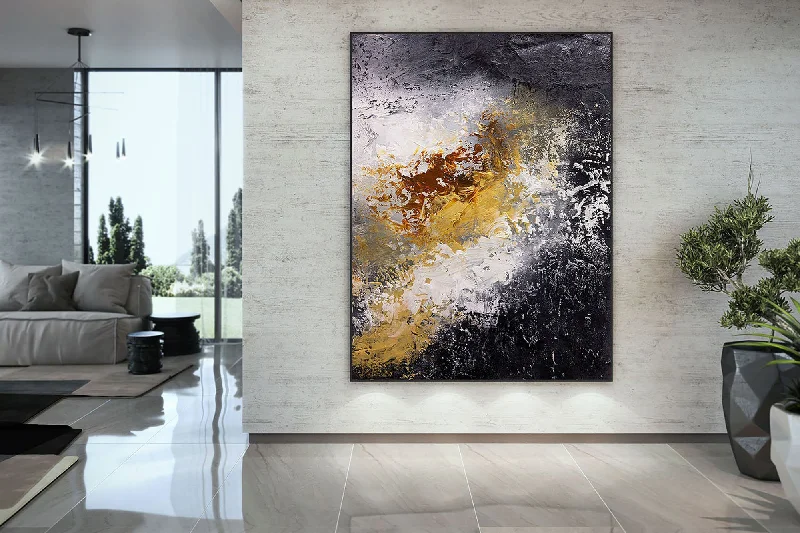 Nature themed landscape wall art for serenity-Black And White Palette Knife Painting Yellow Modern Wall Decor Fp070