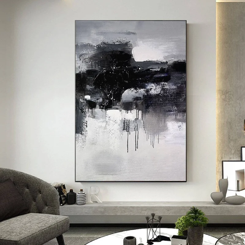 Hand-painted abstract wall art for uniqueness-Black And White Wall Art Abstract Painting Contemporary Painting YP052