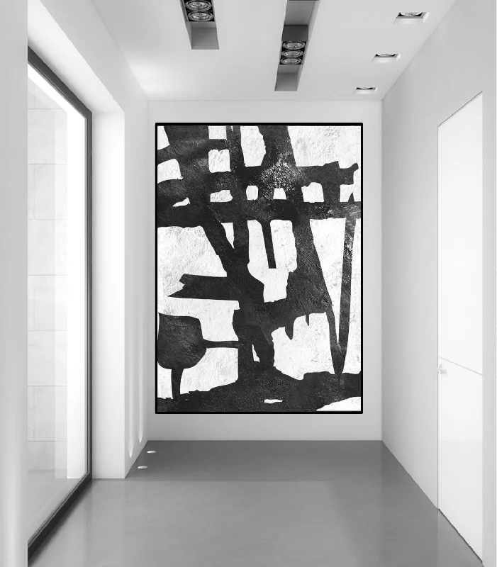 Hand-painted wall art for office decor-Black and White Wall Art, Minimalist Original Painting Fp003