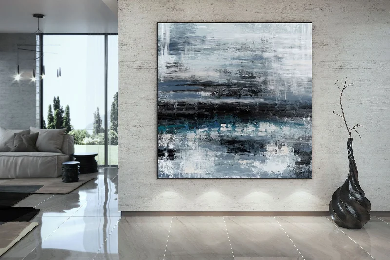 Modern colorful geometric wall art for energy-Black Blue Gray Wall Art Textured Abstract Painting Contemporary Art Fp098