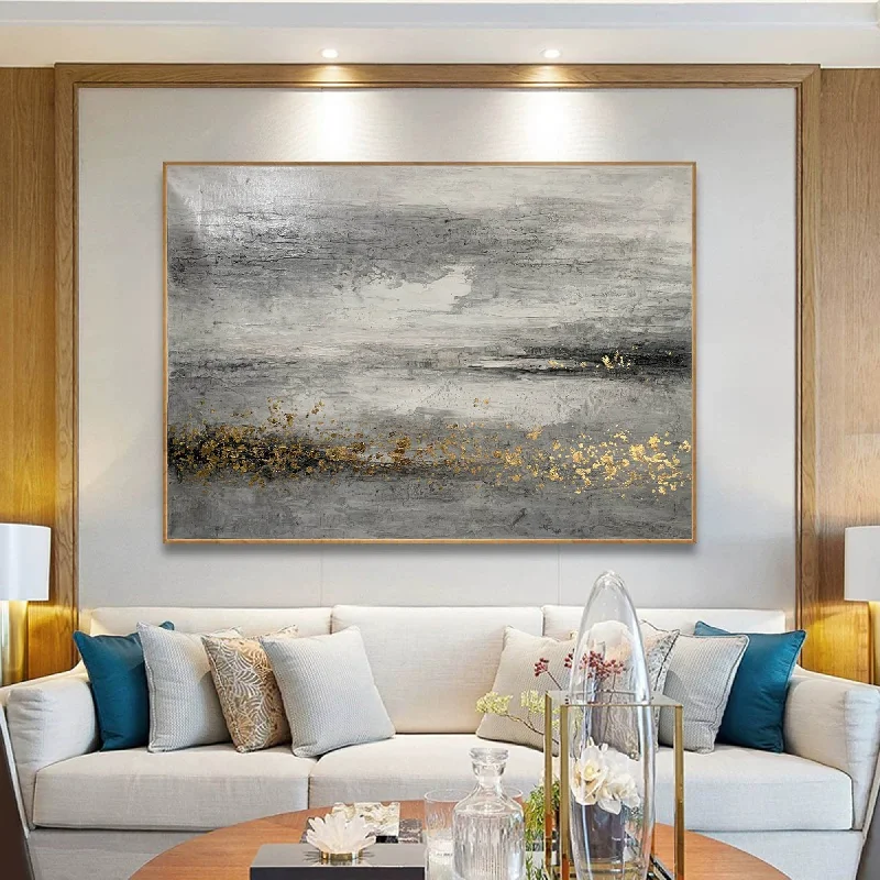 Large abstract canvas wall art for impact-Black Gray Gold Modern Wall Art Abstract Painting Yp003