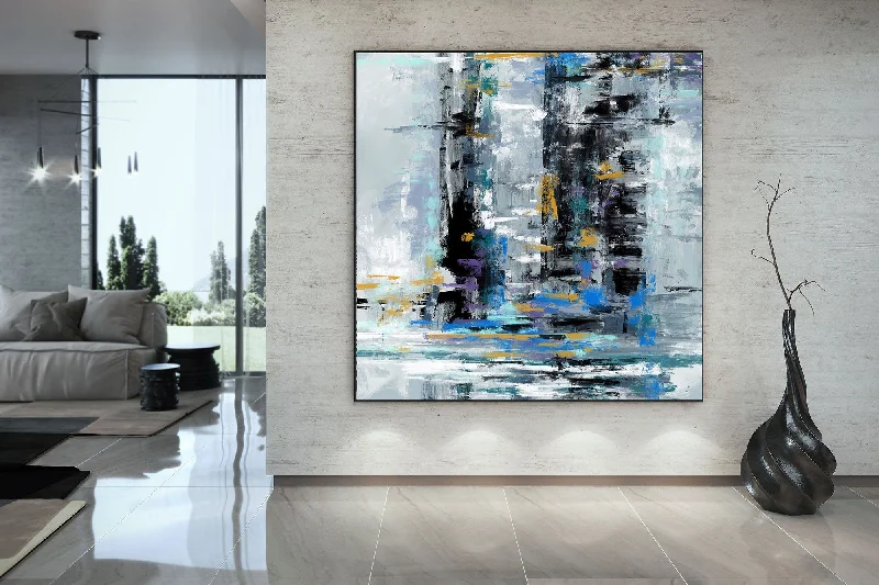 Nature inspired wall art for patio-Black Grey Blue Abstract Textured Painting Original Painting Fp091