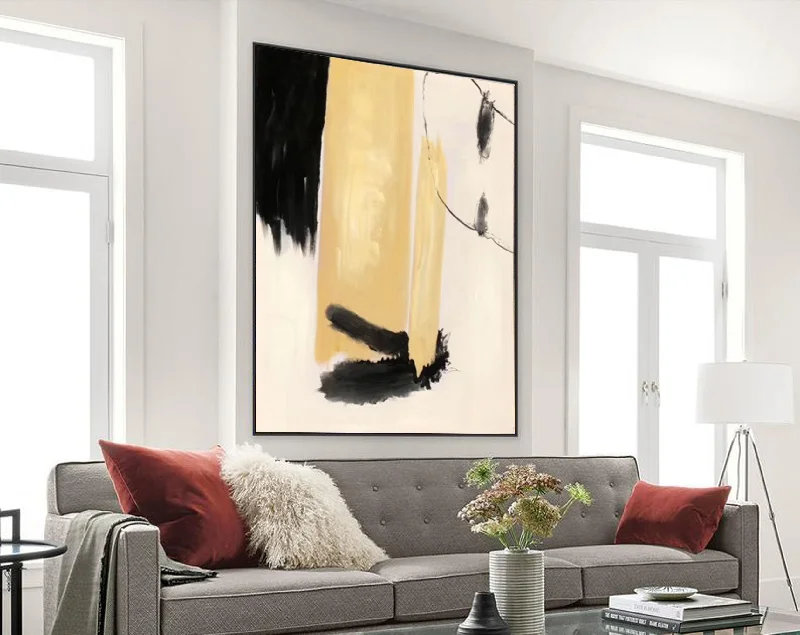 Contemporary colorful wall art for energy-Black White Beige Modern Abstract Painting on Canvas Cp033