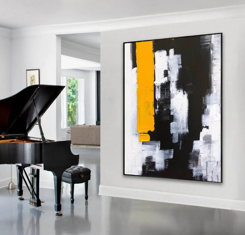 Luxury gold geometric wall art for opulence-Black White Yellow Abstract Paintings on Canvas Oversized Abstract Art Cp004