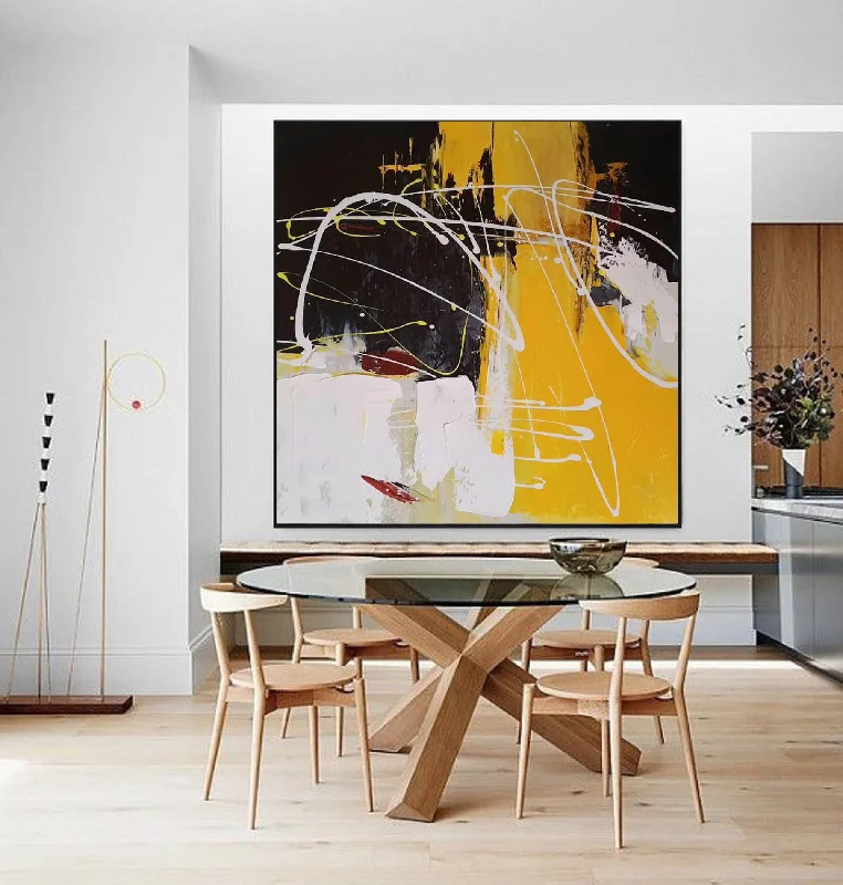 Large abstract wall art for open space-Black White Yellow Modern Abstract Painting  Acrylic Painting NP122