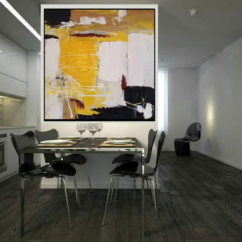 Luxury canvas wall art for upscale decor-Black White Yellow Original Abstract Painting Minimalist Painting Np120