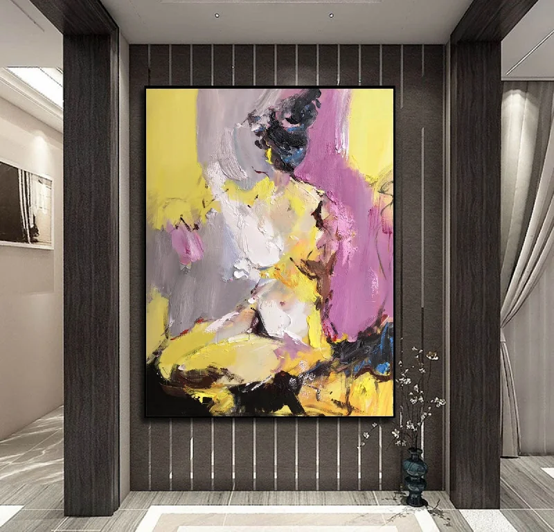 Small rustic abstract wall art for nook-Black Yellow Purple Abstract Painting Original Modern Painting Np106