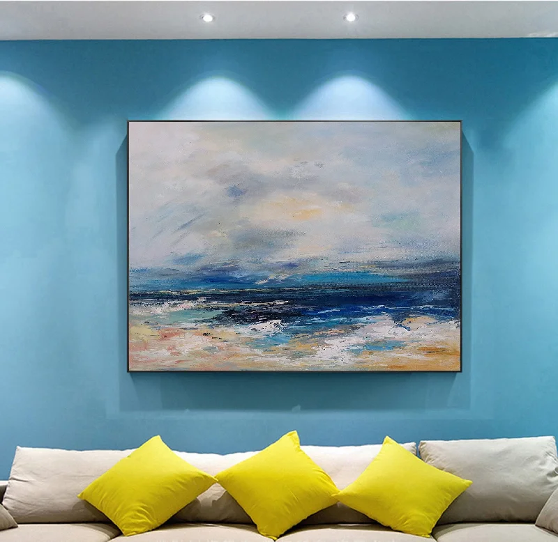 Small luxury wall art for intimate space-Blue Abstract Painting Beach Painting Landscape Yp004