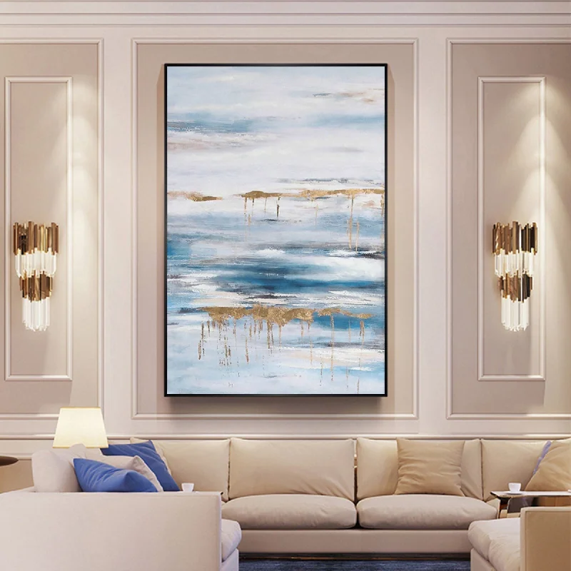 Boho style floral canvas wall art for softness-Blue Abstract Painting Gold Art Painting Seascape Cp014