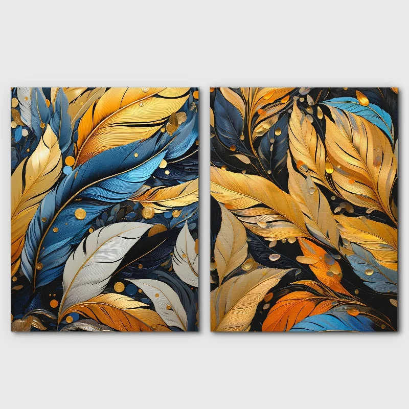 Large modern wall art for dramatic effect-Blue and Gold Feathers (2) Set