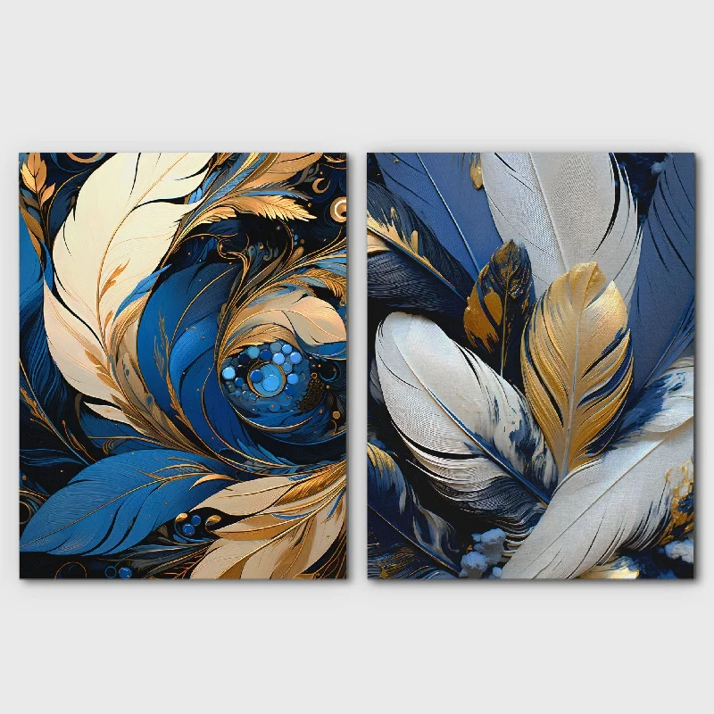 Handmade floral wall art for charm-Blue and White Feathers (2) Set