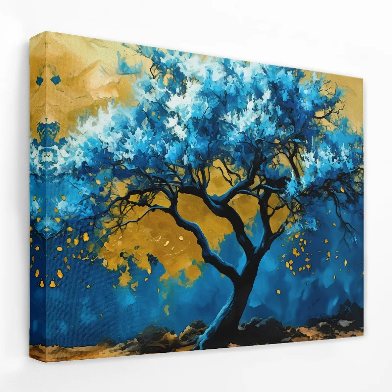 Large modern animal wall art for drama-Blue Gold Tree