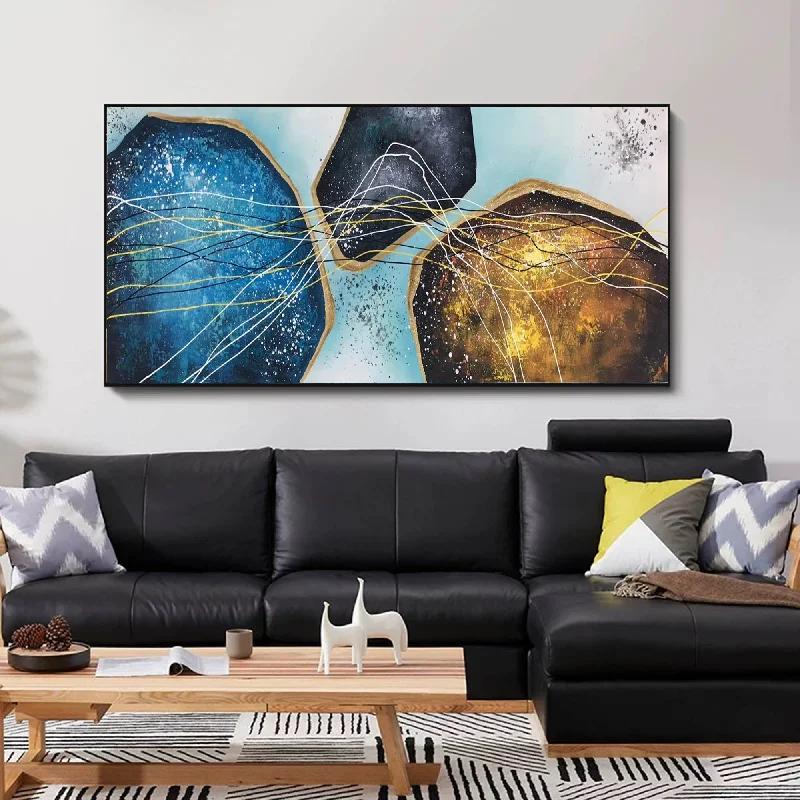 Rustic farmhouse floral canvas wall art for charm-Blue Gold White Modern Abstract Painting Oversized Modern Art Np095