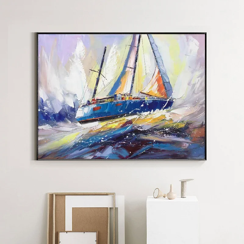 Contemporary colorful wall art for energy-Blue Ocean Painting Sailboat Painting Landscape on Canvas Op031