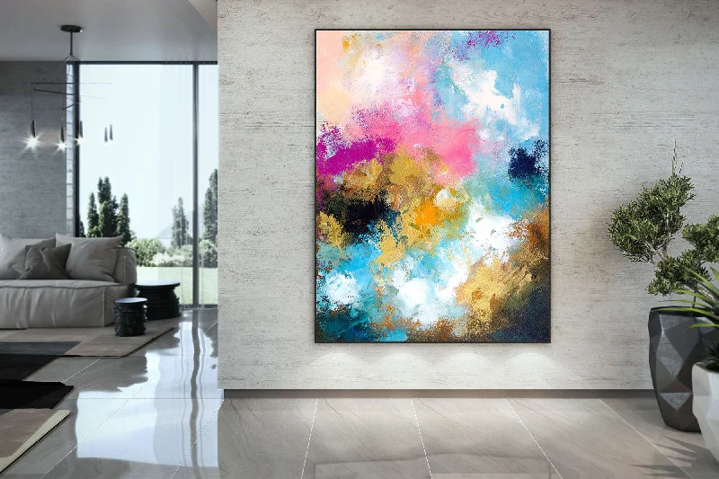 Contemporary colorful wall art for energy-Blue Pink Abstract Painting Artwork Contemporary Art Home Decor Fp041